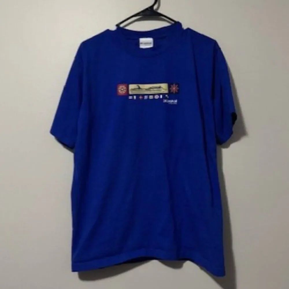 USED Men's Carnival Ship Short Sleeve Shirt The Fun Ships Color Blue Size Large